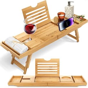 serenelife bath caddy breakfast tray combo - natural bamboo wood waterproof bath tub caddy and bed tray with folding slide-out arms, device grooves, wine glass and soap holder slbcad50.5 , brown