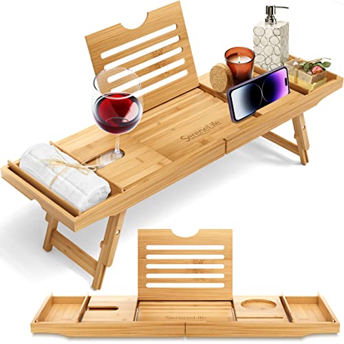 SereneLife Bath Caddy Breakfast Tray Combo - Natural Bamboo Wood Waterproof Bath Tub Caddy and Bed Tray with Folding Slide-Out Arms, Device Grooves, Wine Glass and Soap Holder SLBCAD50.5 , Brown