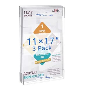 niubee acrylic sign holder 11 x 17 inches wall mount sign holders clear acrylic frame with double sided tape clear poster frames plastic sign holder for office, home, restaurant, vertical, 3 pack