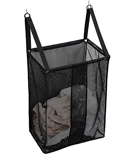 ALYER Wall Hanging Mesh Laundry Hamper,Over The Door Large Storage Bag with Big Metal Rim Opening,Hardware Included (Black)