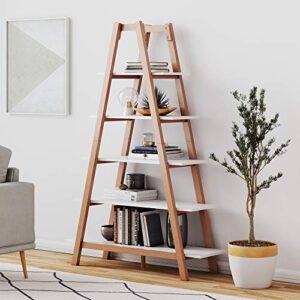 nathan james carlie 5-shelf bookcase display or decorative storage rack with rove wooden ladder shelves, white/brown