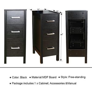 Bathroom Drawer Organizer,Free Standing Single Vanity,Nightstand,12" Lx20 Wx30 H, Made of MDF Wood,Vertical Dresser Storage Tower Vanity for Bedroom/Hallwa/Entryway,Self-Assemble,3 Drawers (Black)