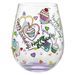enesco designs by lolita birthday cupcakes hand-painted artisan stemless wine glass, 1 count (pack of 1), multicolor
