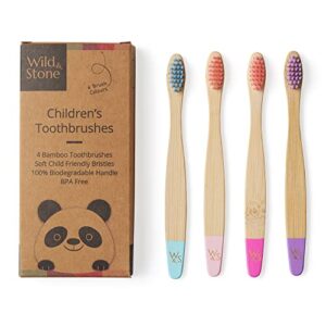wild & stone organic children's bamboo toothbrush | 4 pack candy colour | soft fibre bristles | 100% biodegradable handle | bpa free | vegan eco friendly kids toothbrushes