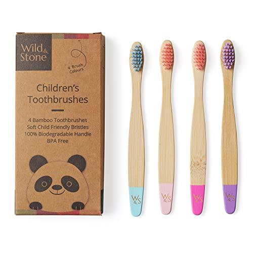 Wild & Stone Organic Children's Bamboo Toothbrush | 4 Pack Candy Colour | Soft Fibre Bristles | 100% Biodegradable Handle | BPA Free | Vegan Eco Friendly Kids Toothbrushes