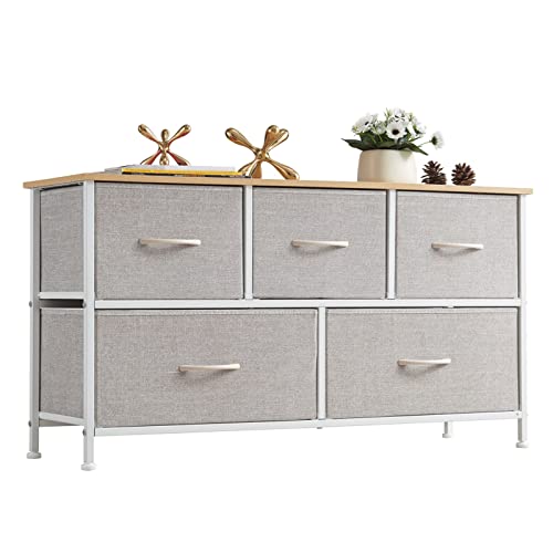 Somdot Dresser for Bedroom with 5 Drawers, Wide Storage Chest of Drawers with Removable Fabric Bins for Closet Bedside Nursery Living Room Laundry Entryway Hallway, Grey/Natural Maple