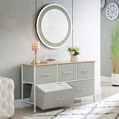 Somdot Dresser for Bedroom with 5 Drawers, Wide Storage Chest of Drawers with Removable Fabric Bins for Closet Bedside Nursery Living Room Laundry Entryway Hallway, Grey/Natural Maple