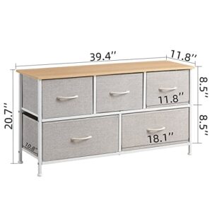 Somdot Dresser for Bedroom with 5 Drawers, Wide Storage Chest of Drawers with Removable Fabric Bins for Closet Bedside Nursery Living Room Laundry Entryway Hallway, Grey/Natural Maple