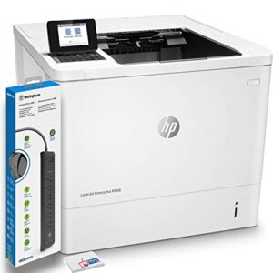 hewlett packard laserjet enterprise m608dn monochrome laser printer (k0q18a) with power strip surge protector and electronics basket microfiber cleaning cloth