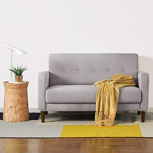 Mellow Adair Mid-Century Modern Loveseat/Sofa/Couch with Armrest Pockets, Tufted Linen Fabric, Light Grey