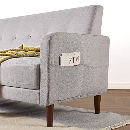 Mellow Adair Mid-Century Modern Loveseat/Sofa/Couch with Armrest Pockets, Tufted Linen Fabric, Light Grey