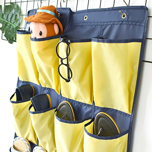 HeyToo Over The Door Shoe Organizer 16 Large Oxford Fabric Pockets Accessory Storage Hanging Narrow Closet Wall Navy and Yellow