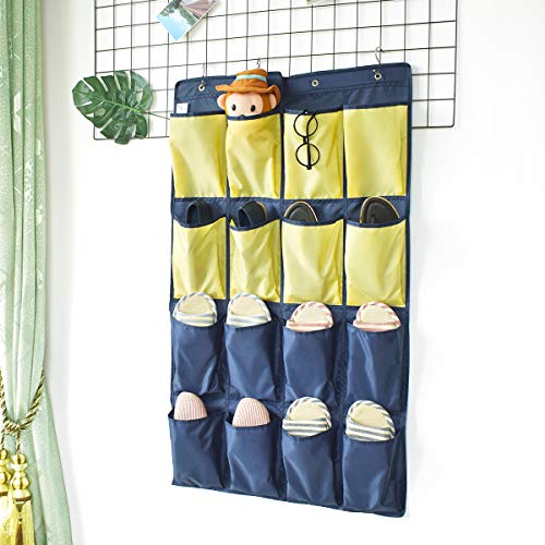 HeyToo Over The Door Shoe Organizer 16 Large Oxford Fabric Pockets Accessory Storage Hanging Narrow Closet Wall Navy and Yellow