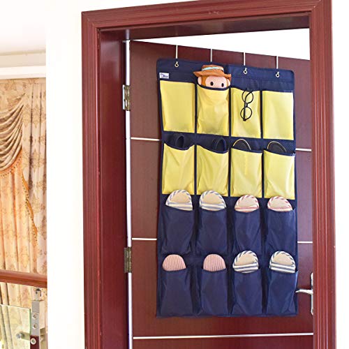 HeyToo Over The Door Shoe Organizer 16 Large Oxford Fabric Pockets Accessory Storage Hanging Narrow Closet Wall Navy and Yellow