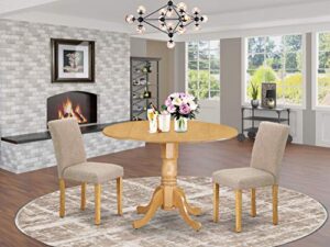 east west furniture dlab3-oak-04 3pc round 42" dining room table with two 9-inch drop leaves and 2 parson chair with oak leg and linen fabric light fawn, 3 pieces