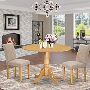 East West Furniture DLAB3-OAK-04 3Pc Round 42" Dining Room Table With Two 9-Inch Drop Leaves And 2 Parson Chair With Oak Leg And Linen Fabric Light Fawn, 3 Pieces