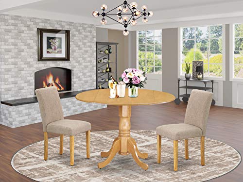 East West Furniture DLAB3-OAK-04 3Pc Round 42" Dining Room Table With Two 9-Inch Drop Leaves And 2 Parson Chair With Oak Leg And Linen Fabric Light Fawn, 3 Pieces