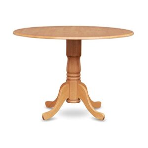 East West Furniture DLAB3-OAK-04 3Pc Round 42" Dining Room Table With Two 9-Inch Drop Leaves And 2 Parson Chair With Oak Leg And Linen Fabric Light Fawn, 3 Pieces