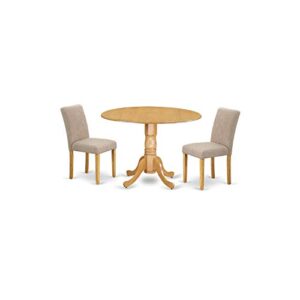 East West Furniture DLAB3-OAK-04 3Pc Round 42" Dining Room Table With Two 9-Inch Drop Leaves And 2 Parson Chair With Oak Leg And Linen Fabric Light Fawn, 3 Pieces