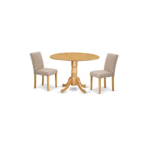 East West Furniture DLAB3-OAK-04 3Pc Round 42" Dining Room Table With Two 9-Inch Drop Leaves And 2 Parson Chair With Oak Leg And Linen Fabric Light Fawn, 3 Pieces