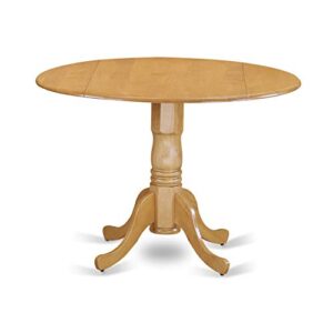 East West Furniture DLAB3-OAK-04 3Pc Round 42" Dining Room Table With Two 9-Inch Drop Leaves And 2 Parson Chair With Oak Leg And Linen Fabric Light Fawn, 3 Pieces