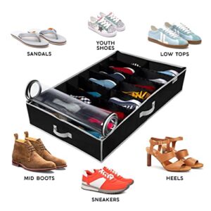 HOLDN' STORAGE Extra-Large Under Bed Shoe Storage Organizer - Underbed Storage Solution Fits Men's and Women's Shoes, High Heels, and Sneakers with Durable Vinyl Cover & Extra-Strong Zipper - Black