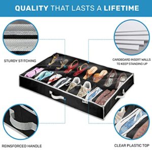 HOLDN' STORAGE Extra-Large Under Bed Shoe Storage Organizer - Underbed Storage Solution Fits Men's and Women's Shoes, High Heels, and Sneakers with Durable Vinyl Cover & Extra-Strong Zipper - Black
