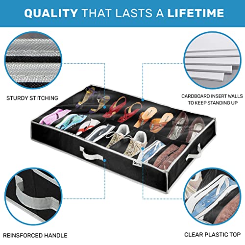 HOLDN' STORAGE Extra-Large Under Bed Shoe Storage Organizer - Underbed Storage Solution Fits Men's and Women's Shoes, High Heels, and Sneakers with Durable Vinyl Cover & Extra-Strong Zipper - Black
