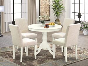 east west furniture anab5-lwh-02 5pc round 36" table and 4 parson chair white leg and linen fabric light beige