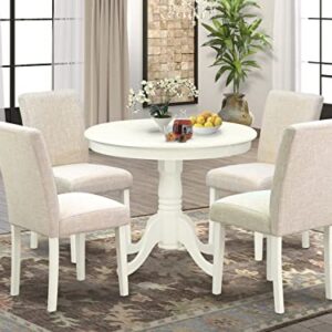 East West Furniture ANAB5-LWH-02 5Pc Round 36" Table and 4 Parson Chair White Leg and Linen Fabric Light Beige