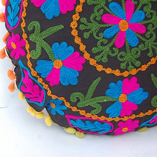 Traditional Jaipur Boho Throw Round Suzani Cushion, Embroidered Pillows 16", Decorative Throw Pillow Cases, Indian Pom Pom Outdoor Cushions, Boho Pillow Shams