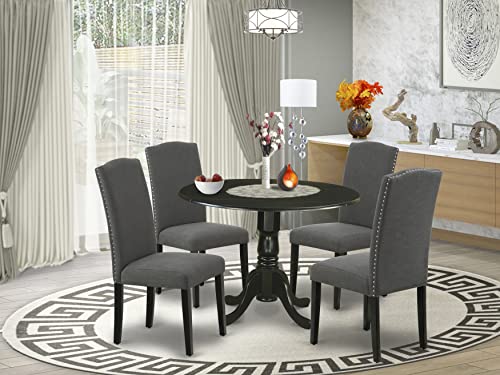 East West Furniture DLEN5-BLK-20 5Pc Round 42" Kitchen Table With Two 9-Inch Drop Leaves And Four Parson Chair With Black Leg And Linen Fabric Dark Gotham Grey, 5