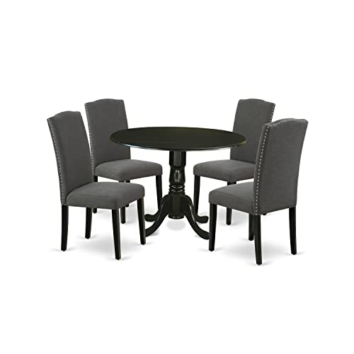 East West Furniture DLEN5-BLK-20 5Pc Round 42" Kitchen Table With Two 9-Inch Drop Leaves And Four Parson Chair With Black Leg And Linen Fabric Dark Gotham Grey, 5