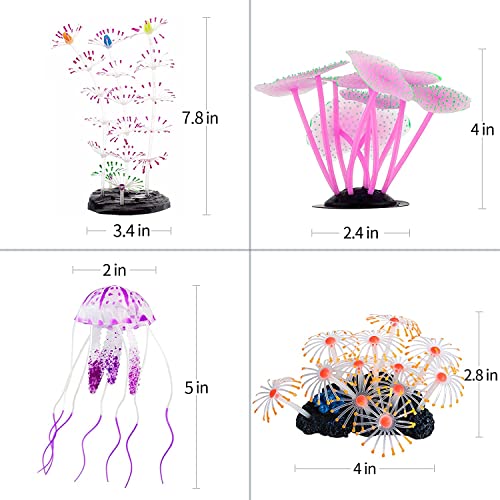 Uniclife 4 Pack Fish Tank Decorations Glowing Effect Aquarium Décor Small Silicone Artificial Jellyfish Coral Plant Ornament