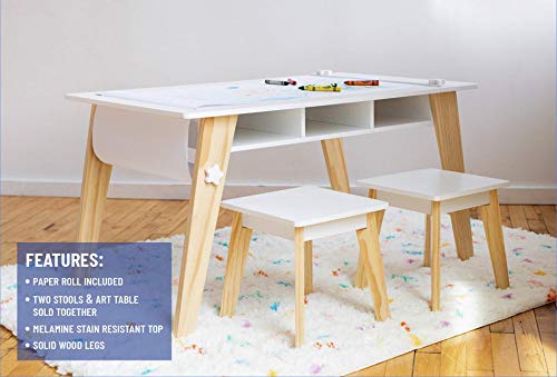 Wildkin Kids Arts and Crafts Table Set for Boys and Girls, Mid Century Modern Design Table Includes Two Stools, Paper and Storage Cubbies Underneath Helps Keep Art Supplies Organized (White)