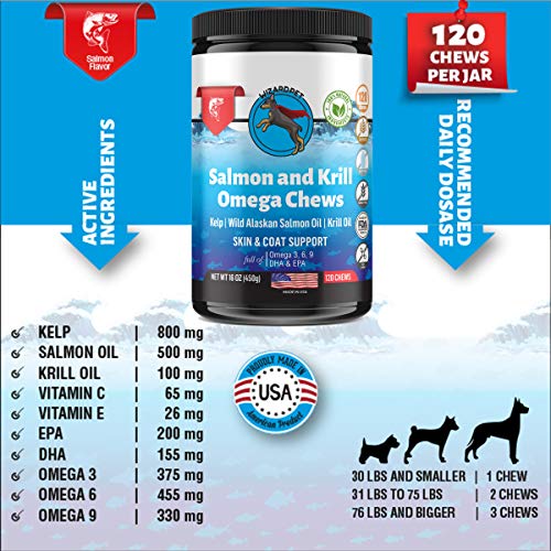 WIZARDPET Wild Alaskan Salmon & Krill Oil Chews for Dogs | 120 Soft Treats | Omega 3 6 9 Fish Supplement with EPA, DHA for Itch Free Skin Coat Joints | Allergy Relief | Reduce Hair Shedding | USA