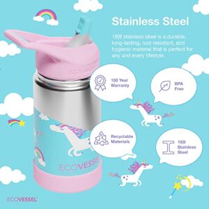 EcoVessel FROST Stainless Steel Kids Water Bottle with Straw Lid, Leak Proof Bottle with Carry Handle & Bottle Bumper, Kids Water Bottle For School - 12oz (Unicorn)