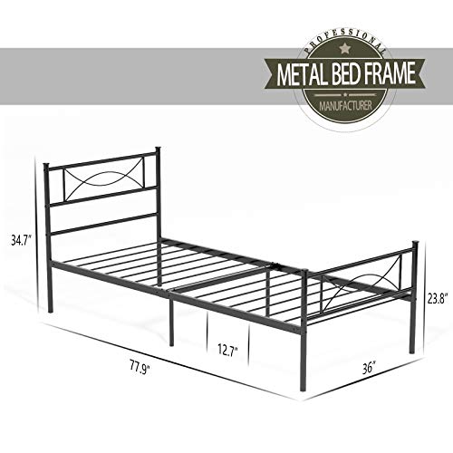 SimLife Twin Bed Frame with Two Headboards Metal Platform Bed for Kids Girls Boys Adults Mattress Foundation Stable Metal Slats Support Box Spring Replacement, Black