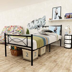 SimLife Twin Bed Frame with Two Headboards Metal Platform Bed for Kids Girls Boys Adults Mattress Foundation Stable Metal Slats Support Box Spring Replacement, Black