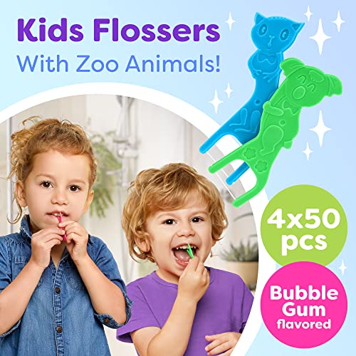 Kids Flossers 4 Pack (200 Total), Kids Floss Picks, Flossers Kids, Floss for Kids, Cute Animal Shapes, Glides Easy Between Teeth, Flosser Helps Prevent Tooth Decay & Gum Disease, Bubble Gum Flavored