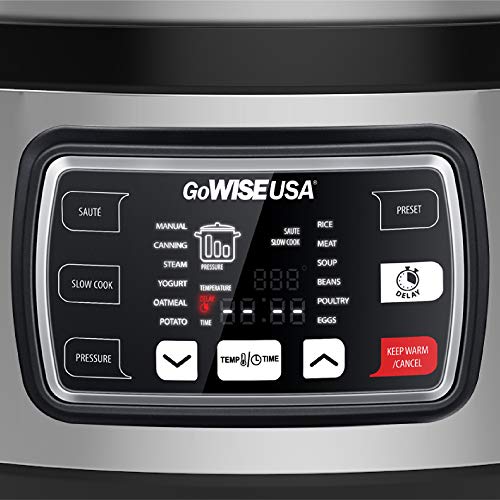 GoWISE USA GW22708 Ovate 8.5-Qt 12-in-1 Electric Pressure Cooker Oval with Slow Cook, Rice, Yogurt, Egg, Saute, Steamer, Keep Warm Functions + Accessories & Recipes, Stainless Steel