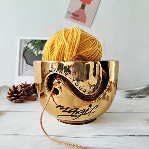 Ceramic Yarn Bowl for Crochet and Knitting Accessories - Best Yarn Holder - Fits Extra Large Yarn Ball or 4 to 5 Small Balls - for Knitters and Crocheters 6.5’’ x 4.5" (Gold/Black)