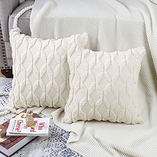 MADIZZ Set of 2 Soft Plush Short Wool Velvet Decorative Throw Pillow Covers 18x18 inch Beige Square Luxury Style Cushion Case Pillow Shell for Sofa Bedroom