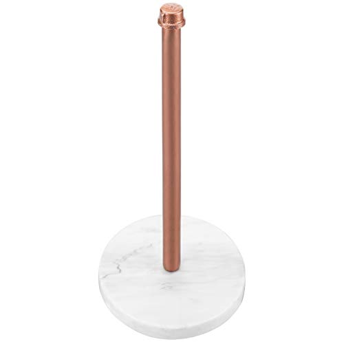 MyGift Copper Tone Metal Industrial Pipe Paper Towel Holder Countertop with Round White Marble Base, Kitchen Upright Paper Towel Dispenser Rack