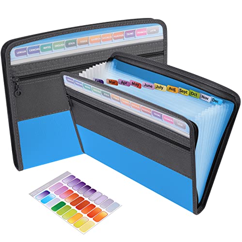 Sooez Expanding File Folder with Sticky Labels, 13 Pocket Accordion File Folder Document Organizer Expanding Zip File Folder with Zipper Closure, Letter A4 Paper Document Accordion Folder, Blue