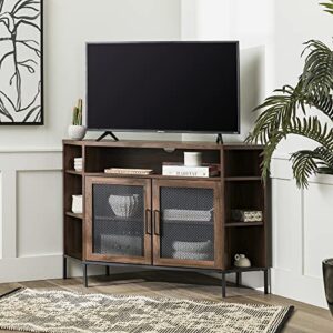 walker edison modern metal mesh and wood corner tv stand for tv's up to 55", 48 inch, dark walnut