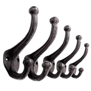ambipolar 5-pack rustic wall hooks heavy duty. cast iron vintage inspired antique black hooks for mudroom, coat hook, purse rack, hat hooks. decorative hooks for hanging