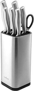laxinis world universal knife block, stainless-steel modern rectangular design with scissors-slot, knife holder counter-top storage, holds 12 8”-blade knives, 9.1” by 4”(knives not included)