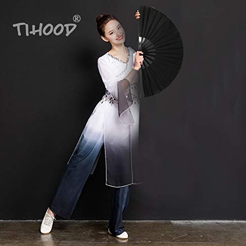 TIHOOD 2PCS Large Folding Silk Hand Fan Hand Folding Fans Chinese Tai Chi Folding Fan for Men and Women Performance, Dance, Decorations, Festival, Gift (Black x2)