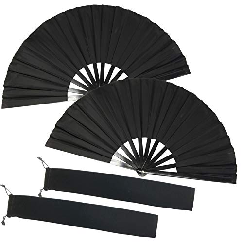 TIHOOD 2PCS Large Folding Silk Hand Fan Hand Folding Fans Chinese Tai Chi Folding Fan for Men and Women Performance, Dance, Decorations, Festival, Gift (Black x2)